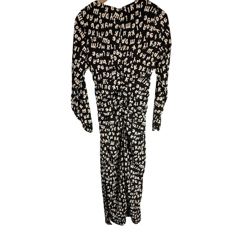 Mango‎ Typographic Print Maxi Dress Womens 4 Black Cream NWT Long Sleeve Ruched